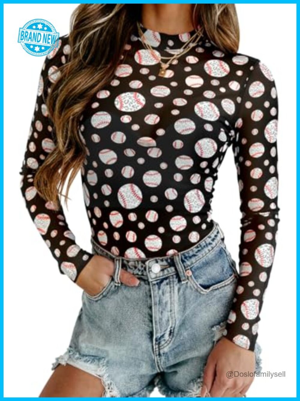 Mesh Top Mock Neck Long Sleeve See Through Slim Fit Game Day Blouse